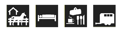 Symbole für Bett, Essen, Hängertransfer, Pferdeunterbringung