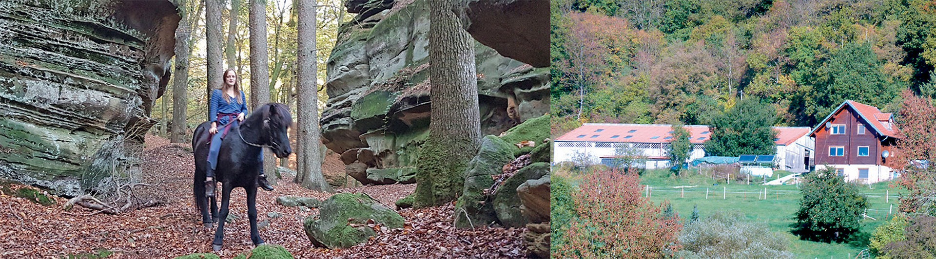 Wanderreitstation 22 Reiterin zwischen Felsen, Wohnhaus und Stall, davor PaddocksWeiden und Pferde