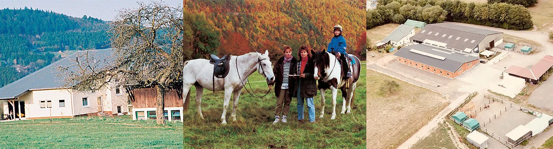 Wanderreitstation 39 Gebäude. Reiterinnen mit Kind, Luftaufnahme der Anlage